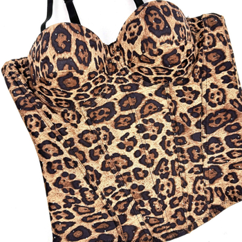 Kratka majica s leopard printom od poliestera, s uklonjivim trakama, elastična korset za oblikovanje tijela, uski kroj, gotički stil