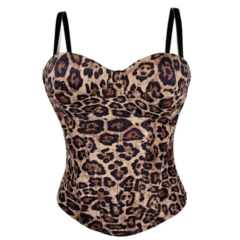 Kratka majica s leopard printom od poliestera, s uklonjivim trakama, elastična korset za oblikovanje tijela, uski kroj, gotički stil