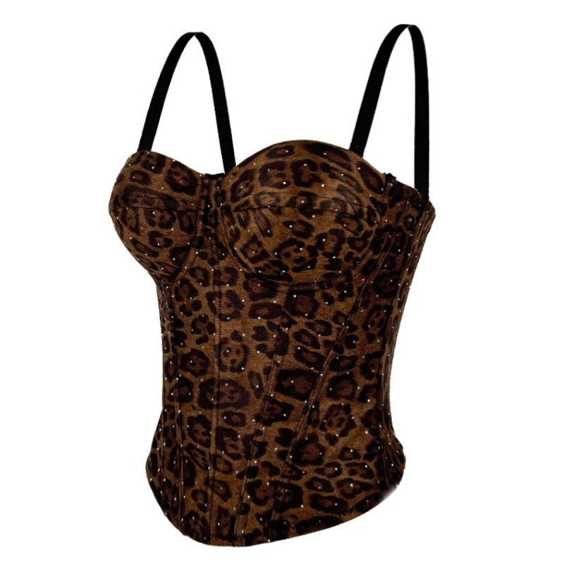 Kratka majica s leopard printom od poliestera, s uklonjivim trakama, elastična korset za oblikovanje tijela, uski kroj, gotički stil