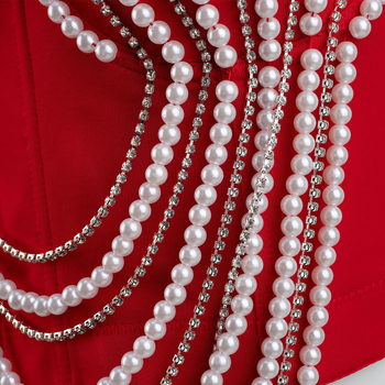 Корсет топ с перлена верига и Fishbone – дантела, V-образно деколте, чашка 3/4, средна костна чашка, регулирано събиране, полиестерен плат