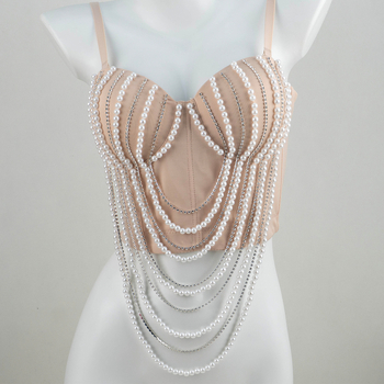 Корсет топ с перлена верига и Fishbone – дантела, V-образно деколте, чашка 3/4, средна костна чашка, регулирано събиране, полиестерен плат