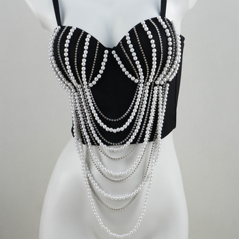 Корсет топ с перлена верига и Fishbone – дантела, V-образно деколте, чашка 3/4, средна костна чашка, регулирано събиране, полиестерен плат