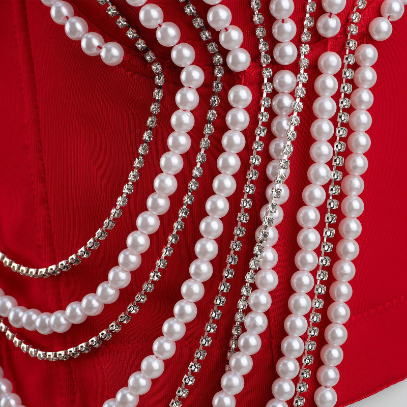 Корсет топ с перлена верига и Fishbone – дантела, V-образно деколте, чашка 3/4, средна костна чашка, регулирано събиране, полиестерен плат