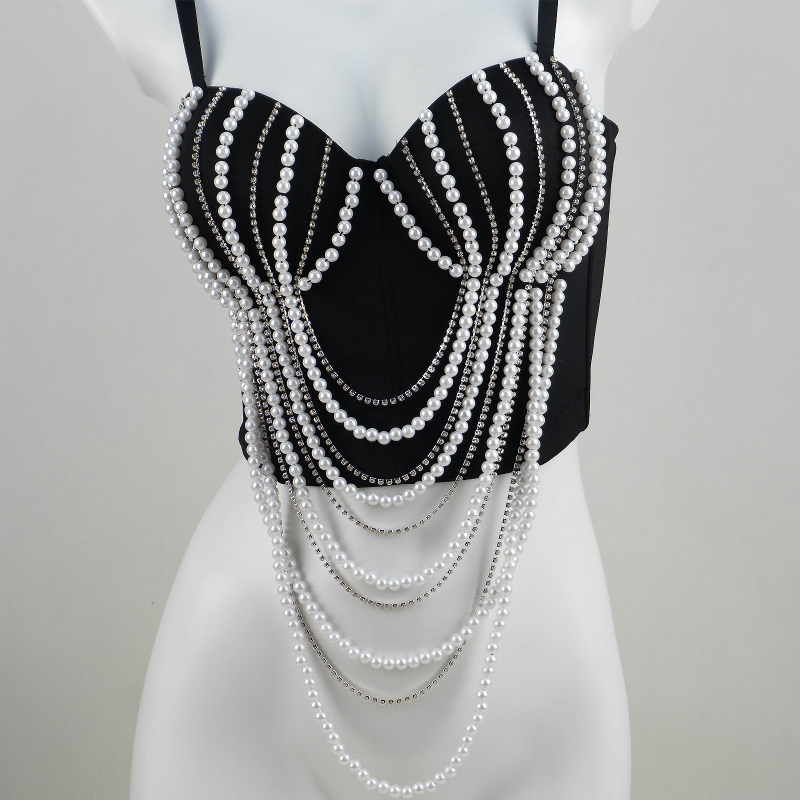 Корсет топ с перлена верига и Fishbone – дантела, V-образно деколте, чашка 3/4, средна костна чашка, регулирано събиране, полиестерен плат