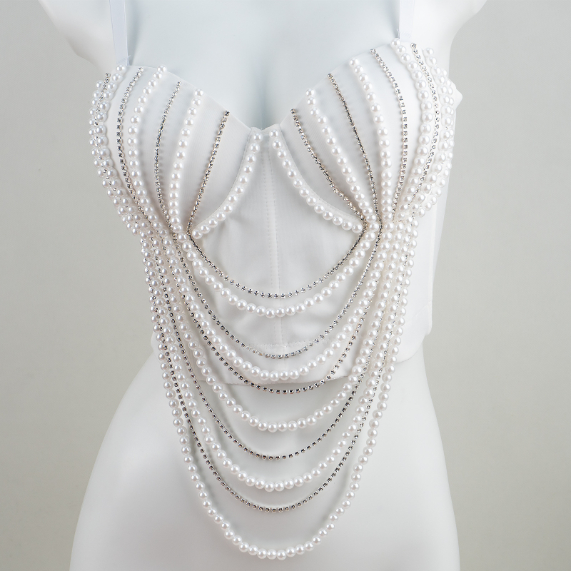 Корсет топ с перлена верига и Fishbone – дантела, V-образно деколте, чашка 3/4, средна костна чашка, регулирано събиране, полиестерен плат