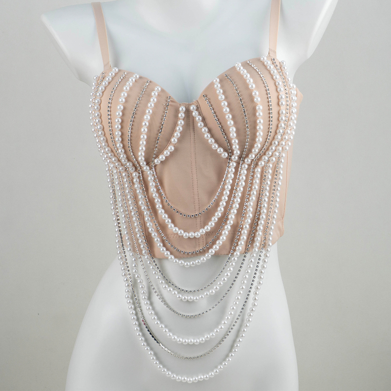 Корсет топ с перлена верига и Fishbone – дантела, V-образно деколте, чашка 3/4, средна костна чашка, регулирано събиране, полиестерен плат