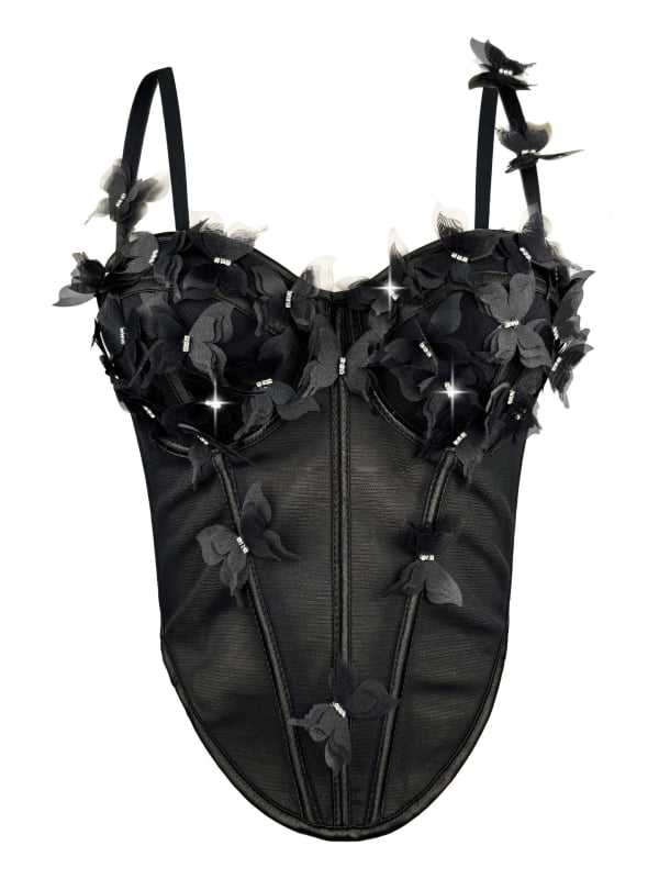 Ženski bustier u sling stilu s kostima i kristalima leptira; uski kroj; kratka duljina