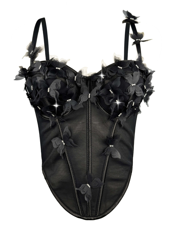 Ženski bustier u sling stilu s kostima i kristalima leptira; uski kroj; kratka duljina