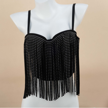 Корсет с вериги и пискюли, подплатени чашки за повдигане, пет реда закопчалки на гърба, свалящи се двойни презрамки, чашки 3/4, полиестерна плувна материя