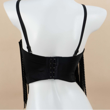 Корсет с вериги и пискюли, подплатени чашки за повдигане, пет реда закопчалки на гърба, свалящи се двойни презрамки, чашки 3/4, полиестерна плувна материя