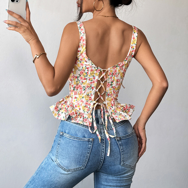 Poliesterska camisola s floralnim uzorkom, podesivi kaiš za struk, kostni korzet za stiskanje struka, uski kroj, gotički stil, dvostruke naramenice, duljina 50–65 cm