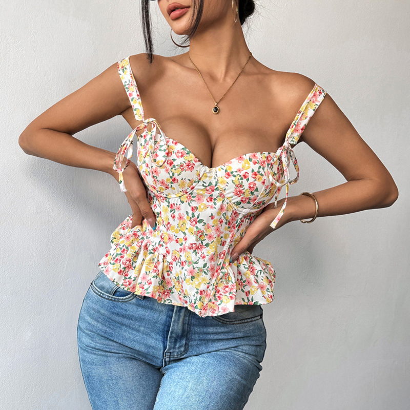 Poliesterska camisola s floralnim uzorkom, podesivi kaiš za struk, kostni korzet za stiskanje struka, uski kroj, gotički stil, dvostruke naramenice, duljina 50–65 cm
