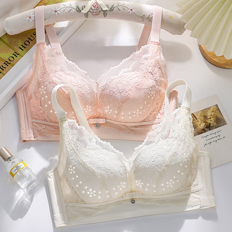 Дантелена безжична бюстгальтер с термо-чувствителни перфорирани чаши, push-up, 3/4 чашка, странична поддръжка