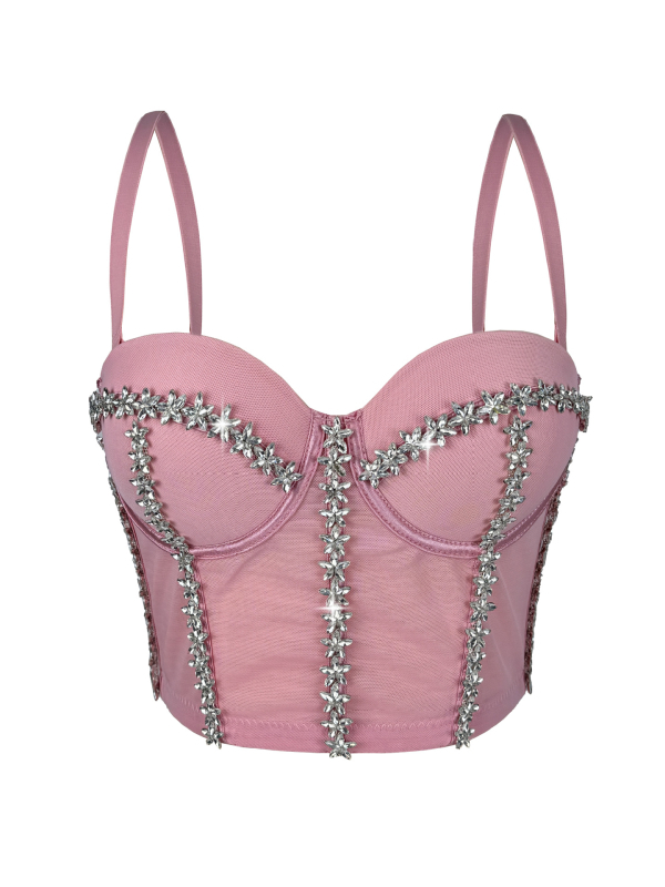 Montisha Camisole Top, Slim-Fit Poliester, S Odvojivim Trakama, Ugrađene Podloške Za Grudi, Riba-kost sa Zvjezdanim Dijamantima
