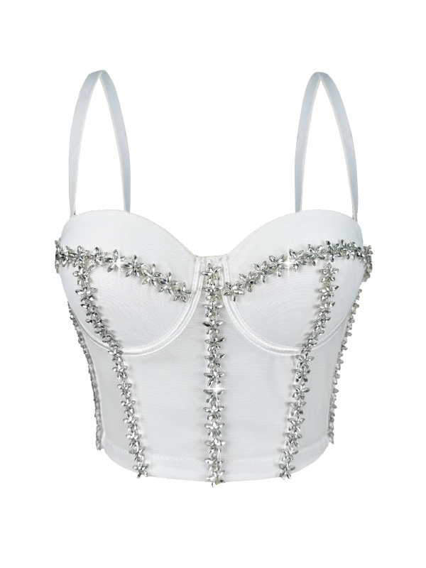 Montisha Camisole Top, Slim-Fit Poliester, S Odvojivim Trakama, Ugrađene Podloške Za Grudi, Riba-kost sa Zvjezdanim Dijamantima