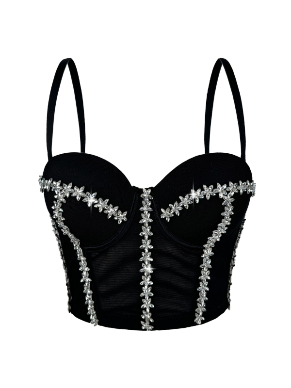 Montisha Camisole Top, Slim-Fit Poliester, S Odvojivim Trakama, Ugrađene Podloške Za Grudi, Riba-kost sa Zvjezdanim Dijamantima