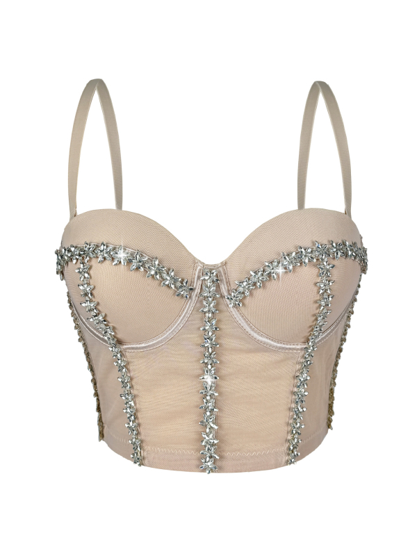 Montisha Camisole Top, Slim-Fit Poliester, S Odvojivim Trakama, Ugrađene Podloške Za Grudi, Riba-kost sa Zvjezdanim Dijamantima