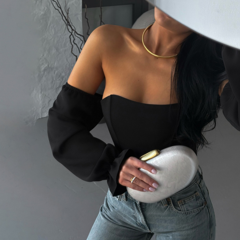 Top cu model os de pește și mâneci balon, croială slim, țesătură poliester 95%+, motif cuplu