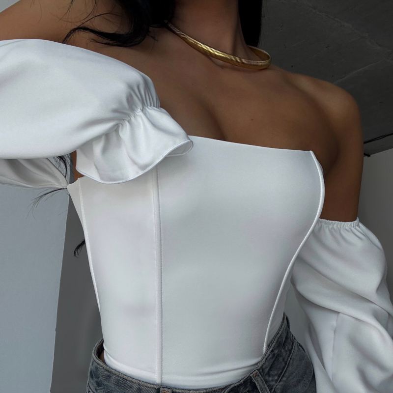 Top cu model os de pește și mâneci balon, croială slim, țesătură poliester 95%+, motif cuplu