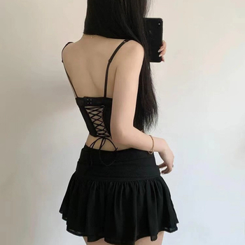 Top camisole pentru femei, bretele în formă de os de pește, strat interior dantelat, fibră acrilică, croială neregulată, stil urban 3/4