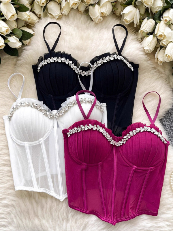 Top cami feminin cu decor diamantat și margine dantelată, croială slim, vară, stil european-american, poliester; nylon 30–50% și spandex 30–50%