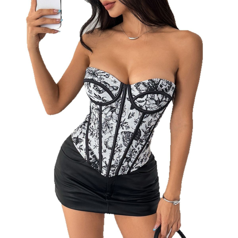 Korset-bustier u cami stilu, gotički, cvjetni jacquard poliester, uski kroj