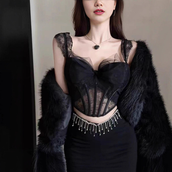 Bustier dantelat cu os de pește, material nylon-spandex, croială Slim, lungime scurtă 40–50 cm, model solid, bretele neremovabile
