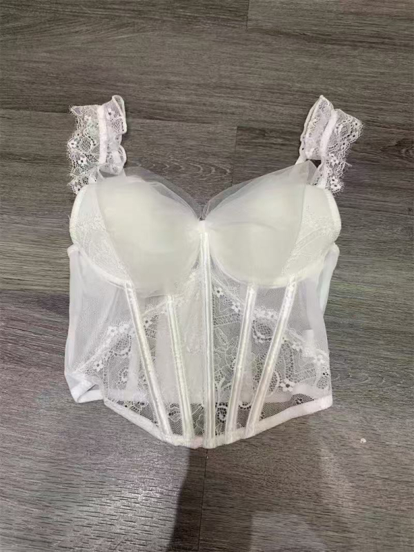 Bustier dantelat cu os de pește, material nylon-spandex, croială Slim, lungime scurtă 40–50 cm, model solid, bretele neremovabile