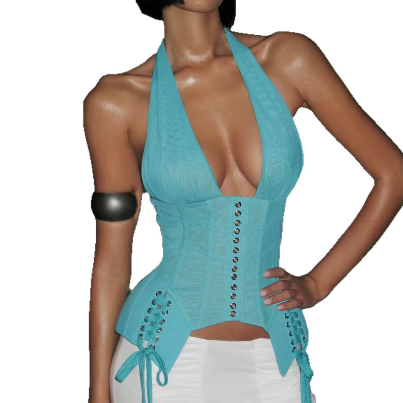 Halter top s kaišem za struk, dubok V izrez, podesive naramenice, mrežasti materijal 95%+ (uski kroj)