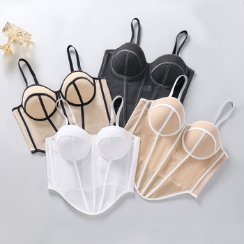 Hátsó nélküli hálós anyagból készült formázó melltartó, 3/4 kosár, habos belső, rögzített dupla vállpántok