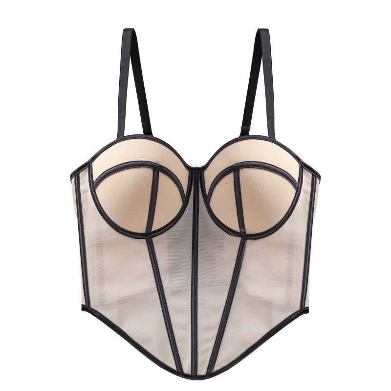 Hátsó nélküli hálós anyagból készült formázó melltartó, 3/4 kosár, habos belső, rögzített dupla vállpántok