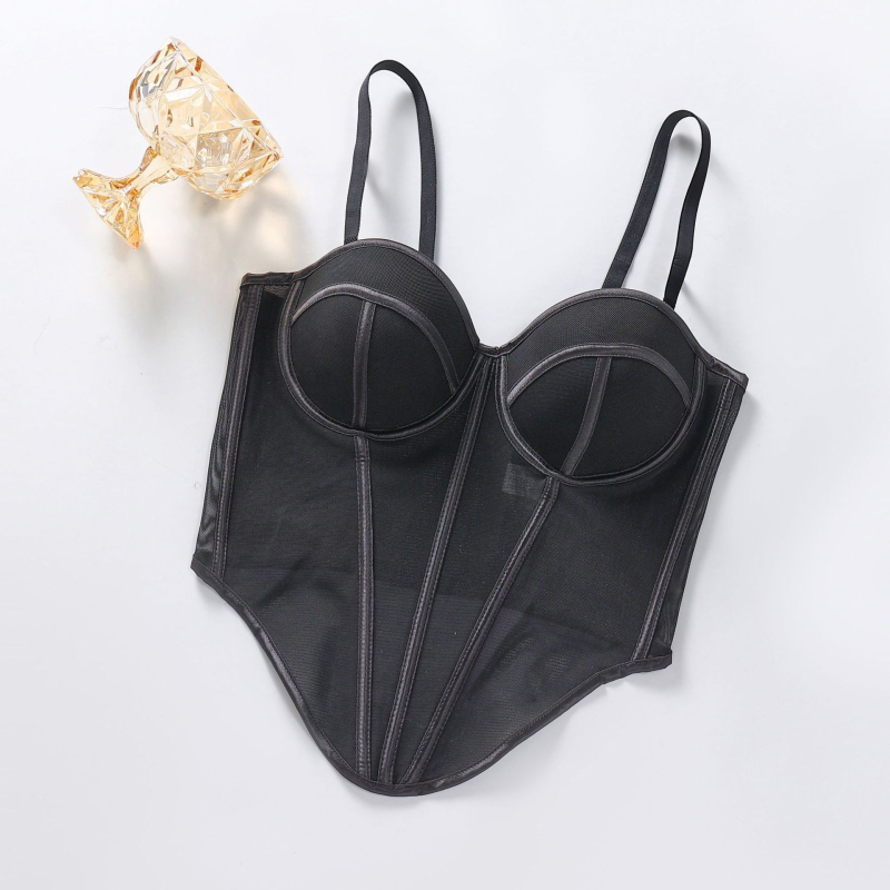 Hátsó nélküli hálós anyagból készült formázó melltartó, 3/4 kosár, habos belső, rögzített dupla vállpántok