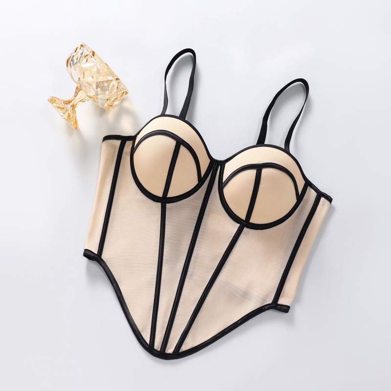 Hátsó nélküli hálós anyagból készült formázó melltartó, 3/4 kosár, habos belső, rögzített dupla vállpántok