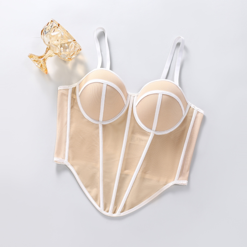 Hátsó nélküli hálós anyagból készült formázó melltartó, 3/4 kosár, habos belső, rögzített dupla vállpántok