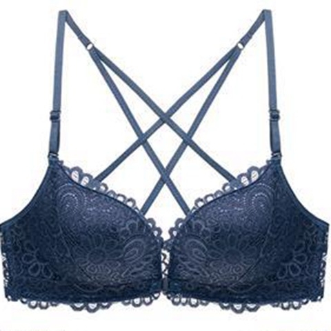 Mezgininė liemenėlė su atviru nugara, push-up, priekinis užsegimas, 3/4 kuprai, puodelio formos: viršuje plonas, apačioje storesnė, nailono pamušalas