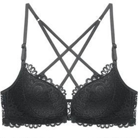 Mezgininė liemenėlė su atviru nugara, push-up, priekinis užsegimas, 3/4 kuprai, puodelio formos: viršuje plonas, apačioje storesnė, nailono pamušalas