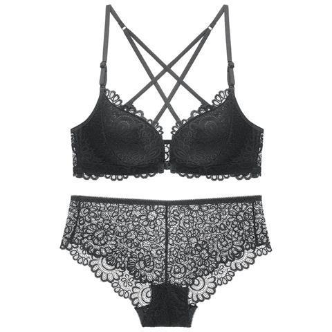 Mezgininė liemenėlė su atviru nugara, push-up, priekinis užsegimas, 3/4 kuprai, puodelio formos: viršuje plonas, apačioje storesnė, nailono pamušalas