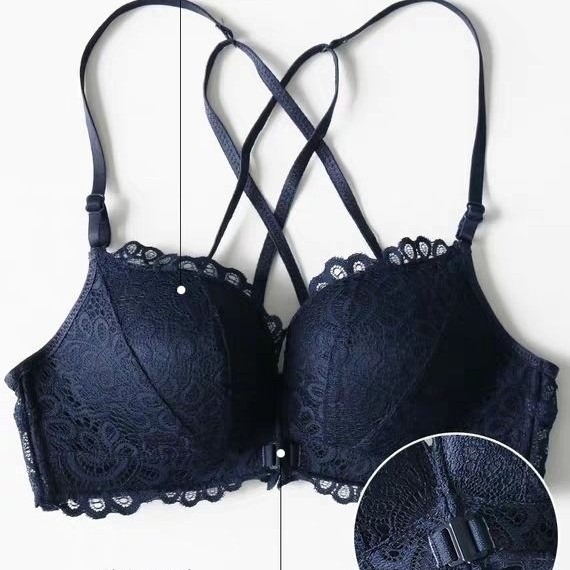 Mezgininė liemenėlė su atviru nugara, push-up, priekinis užsegimas, 3/4 kuprai, puodelio formos: viršuje plonas, apačioje storesnė, nailono pamušalas