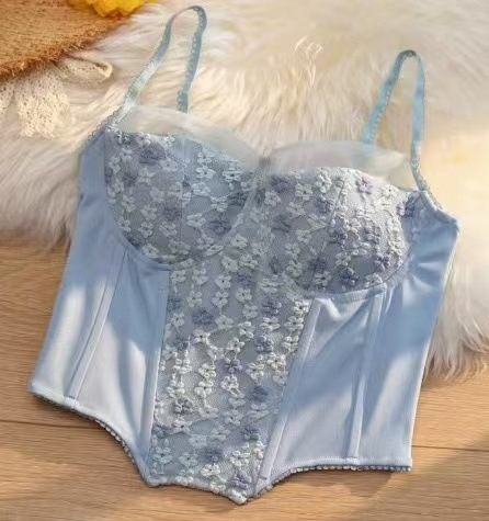 Čipkasti top s ojačanjem i ugrađenim jastučićima za prsa – žene, slim-fit, ultra kratki kroj, cvjetni uzorak