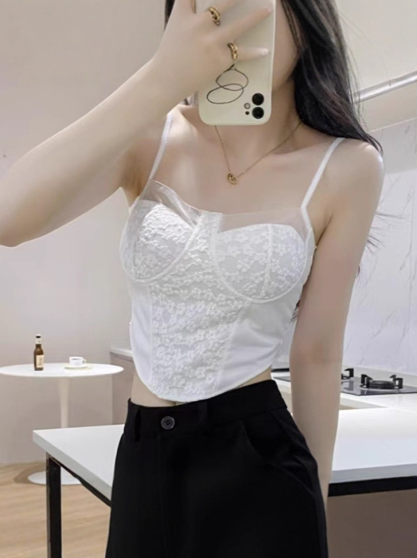 Čipkasti top s ojačanjem i ugrađenim jastučićima za prsa – žene, slim-fit, ultra kratki kroj, cvjetni uzorak