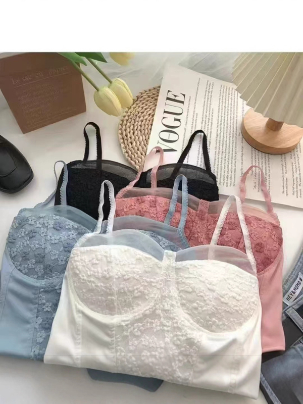 Čipkasti top s ojačanjem i ugrađenim jastučićima za prsa – žene, slim-fit, ultra kratki kroj, cvjetni uzorak