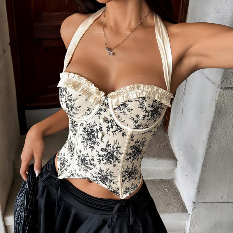 Kamisola Halter Bez Leđa, Gotički Stil, Cvjetni Uzorak, Ultra-kratka Duljina, Poliester, S Underwire i Boning