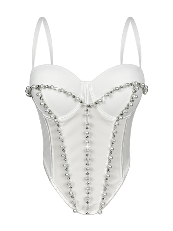 Slim-fit bustier od poliestera bez naramenica, s unutarnjom potporom od ribjih kostiju i perlama te kristalima
