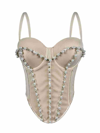 Slim-fit bustier od poliestera bez naramenica, s unutarnjom potporom od ribjih kostiju i perlama te kristalima