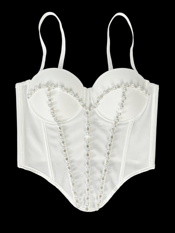 Slim-fit bustier od poliestera bez naramenica, s unutarnjom potporom od ribjih kostiju i perlama te kristalima