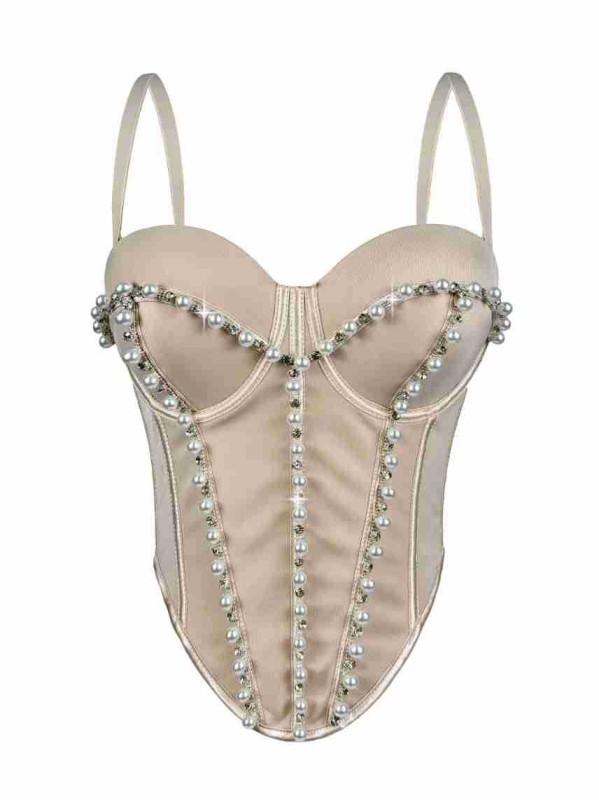Slim-fit bustier od poliestera bez naramenica, s unutarnjom potporom od ribjih kostiju i perlama te kristalima