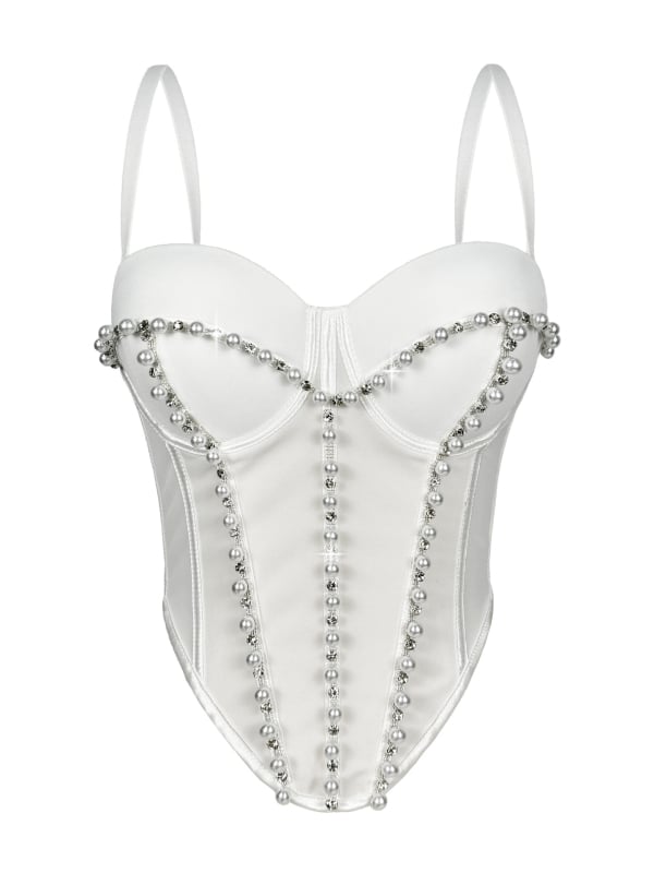 Slim-fit bustier od poliestera bez naramenica, s unutarnjom potporom od ribjih kostiju i perlama te kristalima
