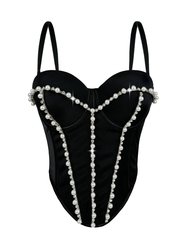 Slim-fit bustier od poliestera bez naramenica, s unutarnjom potporom od ribjih kostiju i perlama te kristalima