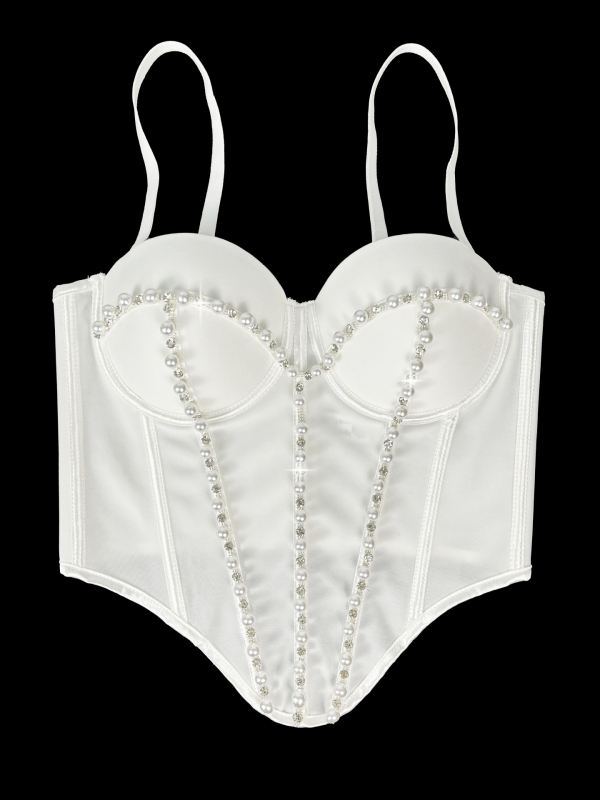 Slim-fit bustier od poliestera bez naramenica, s unutarnjom potporom od ribjih kostiju i perlama te kristalima