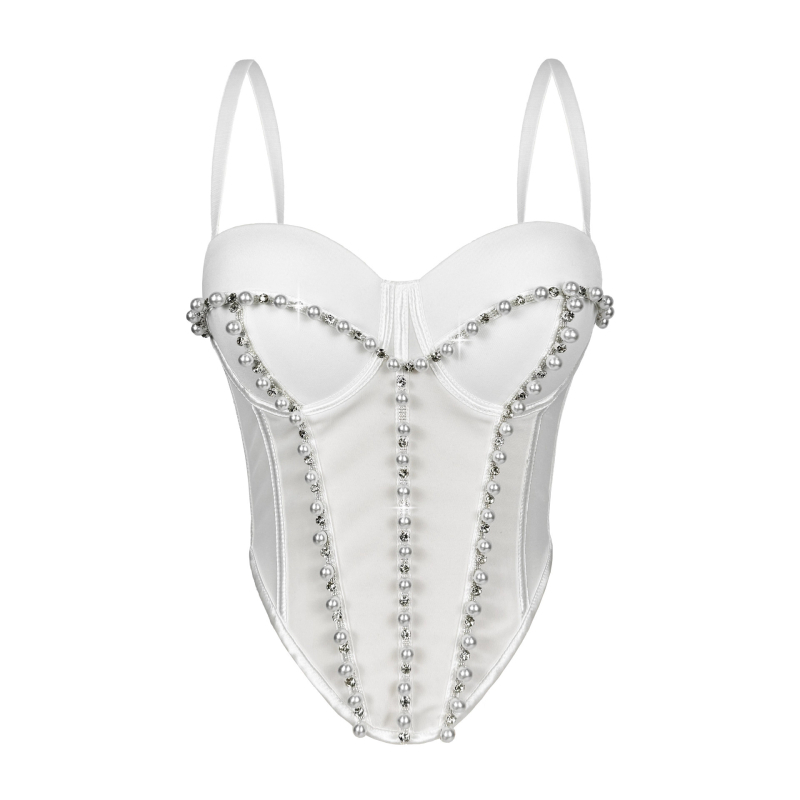 Slim-fit bustier od poliestera bez naramenica, s unutarnjom potporom od ribjih kostiju i perlama te kristalima